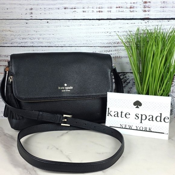 KATE SPADE BLACK PEBBLED LEATHER FLAP SHOULDER‎ CRPSSBODY BAG GUC - Picture 2 of 9